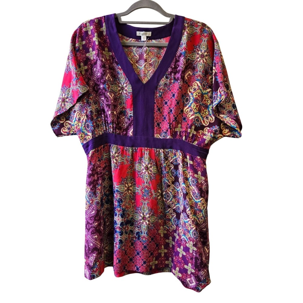 Garnet Hill Tunic Top 12 Purple Pink 100% Silk Maximalist Patchwork Boho